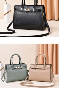 Trois sacs à main élégants en texture crocodile, noir, vert sauge et beige, fermoir doré
