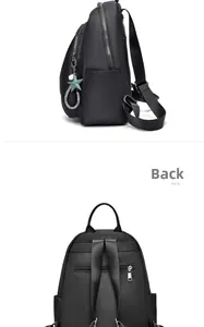 Détail du sac à dos en nylon étanche avec fermeture antivol et breloque étoile verte