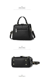 Detailed views of black pebble leather handbag featuring gold hardware and back zipper