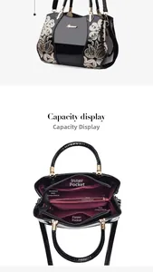 Detailed interior view showing multi-pocket storage and maroon lining of patent leather bag