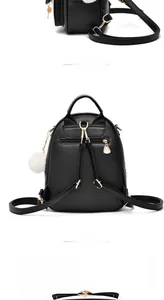 Détail du mini sac à dos noir avec fermetures dorées et pendentif pompon blanc en peluche