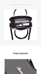 Detailed interior of black patent leather bag showing large capacity and golden hardware