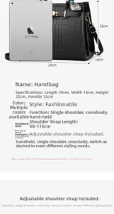 Size comparison of crocodile pattern handbag showing dimensions with iPad for scale