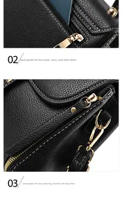 Detail of black lychee grain leather handbag featuring gold zipper and back pocket