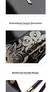 Detail of glossy patent leather handbag with sequin embroidery and reinforced handle
