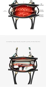 Detailed view of spacious interior compartments and orange lining of this red leather bag