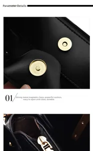 Detail of premium black faux leather handbag with gold magnetic clasp and metal zipper