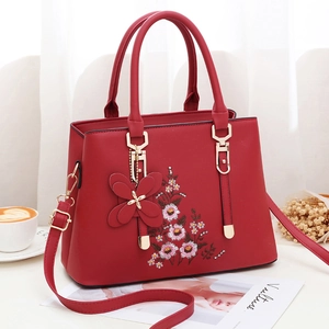 Damen Tote Schultertasche Blumenstickerei PU Leder Große Kapazität Mit Schmetterlingsanhänger Verstellbarer Riemen