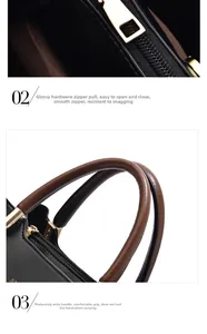 Detail of golden zipper and brown leather handle on a textured black handbag