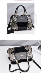 Detail of black patent leather bag featuring golden sequin floral embroidery and metallic logo