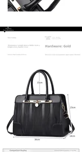 Detailed size guide for the black faux leather handbag with dual main compartments