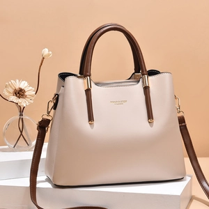 Women Handbag PU Leather Large Capacity Bucket Bag Contrast Color Handle Crossbody Shoulder Tote Bag Elegant Fashion