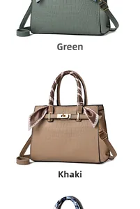 Détail de sacs à main motif crocodile en vert et kaki avec poignées en foulard de soie