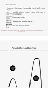 Detailed size specifications for black leather bucket bag with adjustable gold hardware straps