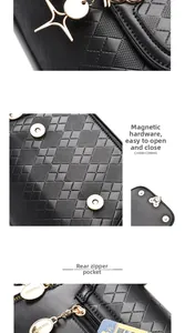 Detail of magnetic snap closure and golden star charm on black quilted leather bag