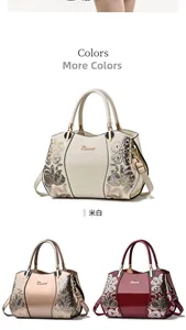 Three elegant sequin-embroidered Boston handbags in off-white, champagne, and dark red colors