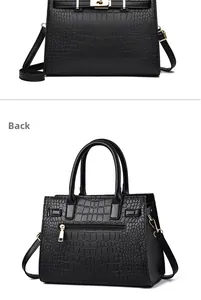 Détails du sac à main noir motif crocodile avec fermoir doré et poche arrière zippée