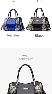 Detail view of floral embroidered patent leather handbags in royal blue and black