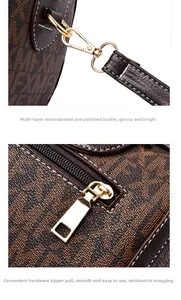 Dettaglio di fibbie in metallo dorato lucido e motivo monogramma su borsa in pelle