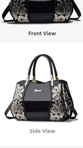 Detailed front and side views of black patent leather handbag with sequin embroidery