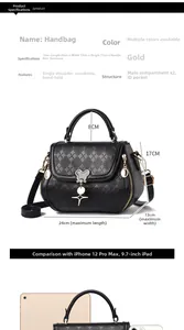 Detail of black quilted handbag with gold hardware and dimensions 24x13x17cm