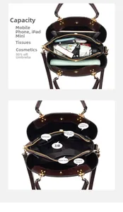Detailed view of the multi-compartment interior and large capacity of the brown handbag