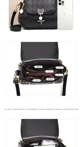 Internal view of black quilted crossbody bag showing spacious multi-layer compartments