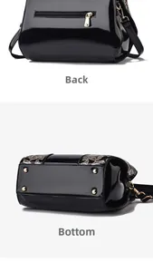 Detailed back and bottom views of black patent leather handbag with gold-tone hardware
