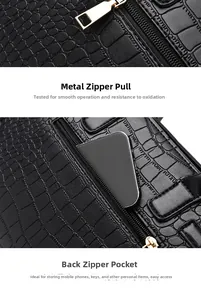 Détail de la fermeture éclair en métal doré et de la poche arrière sur sac noir croco