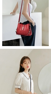 Detail of red embossed bucket bag showing textured PU leather and gold metal buckle
