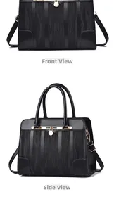 Close-up of black PU leather handbag featuring wave embossed texture and gold metal locks