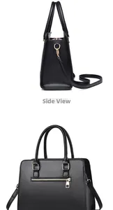 Side view of black handbag with detachable strap and golden zipper detail