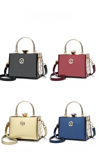 Matrix display of glossy patent leather mini bags in black, burgundy, gold and blue