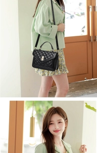 Classic black quilted crossbody bag with golden lock and adjustable strap detail