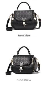 Detail of black quilted leather handbag with mouse-shaped gold clasp and side view