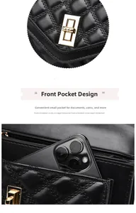 Detail of black quilted leather handbag showing front slip pocket and gold twist lock
