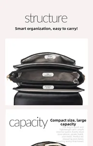 Detailed view of the multi-layer interior and herringbone lining of black leather bag