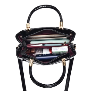 Large capacity black patent leather Boston bag for women with multi-compartment interior