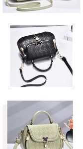 Detailed view of quilted PU leather handbag with bear metal buckle and tassel charm