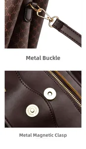 Detailsicht der goldenen Karabiner und Magnetverschlüsse an brauner Handtasche