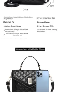 Detailed size comparison of the black quilted crossbody bag with golden hardware