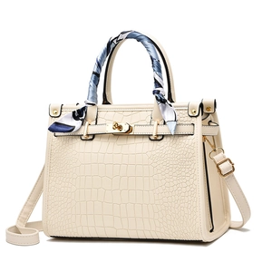 Elegant cream white faux crocodile leather handbag with silk scarf and gold hardware