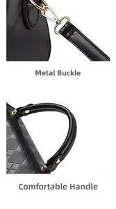 Detail of golden metal hooks and comfortable embossed diamond pattern handle on black bag