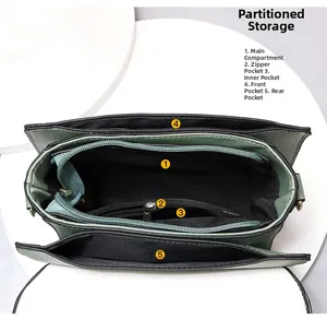 Detail view of the 5 internal storage compartments in the green crossbody square bag