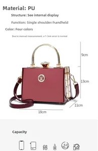 Detail showing dimension and capacity of burgundy patent leather bag with gold handle