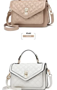 Detailed comparison of khaki and white quilted PU leather crossbody bags with metal clasps