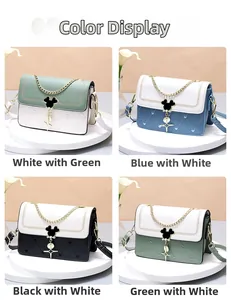 Detailed view of four chain crossbody bags with heart quilting and mouse-shaped buckles