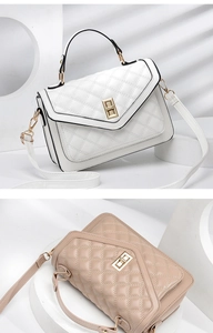 Close-up of quilted faux leather handbags featuring gold rectangular twist-lock closures