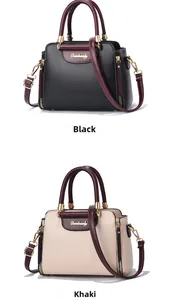 Close-up of contrast stitching detail and gold hardware on black and khaki handbags