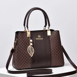 Deep brown textured PU leather handbag with DH letter print and gold leaf pendant decoration
